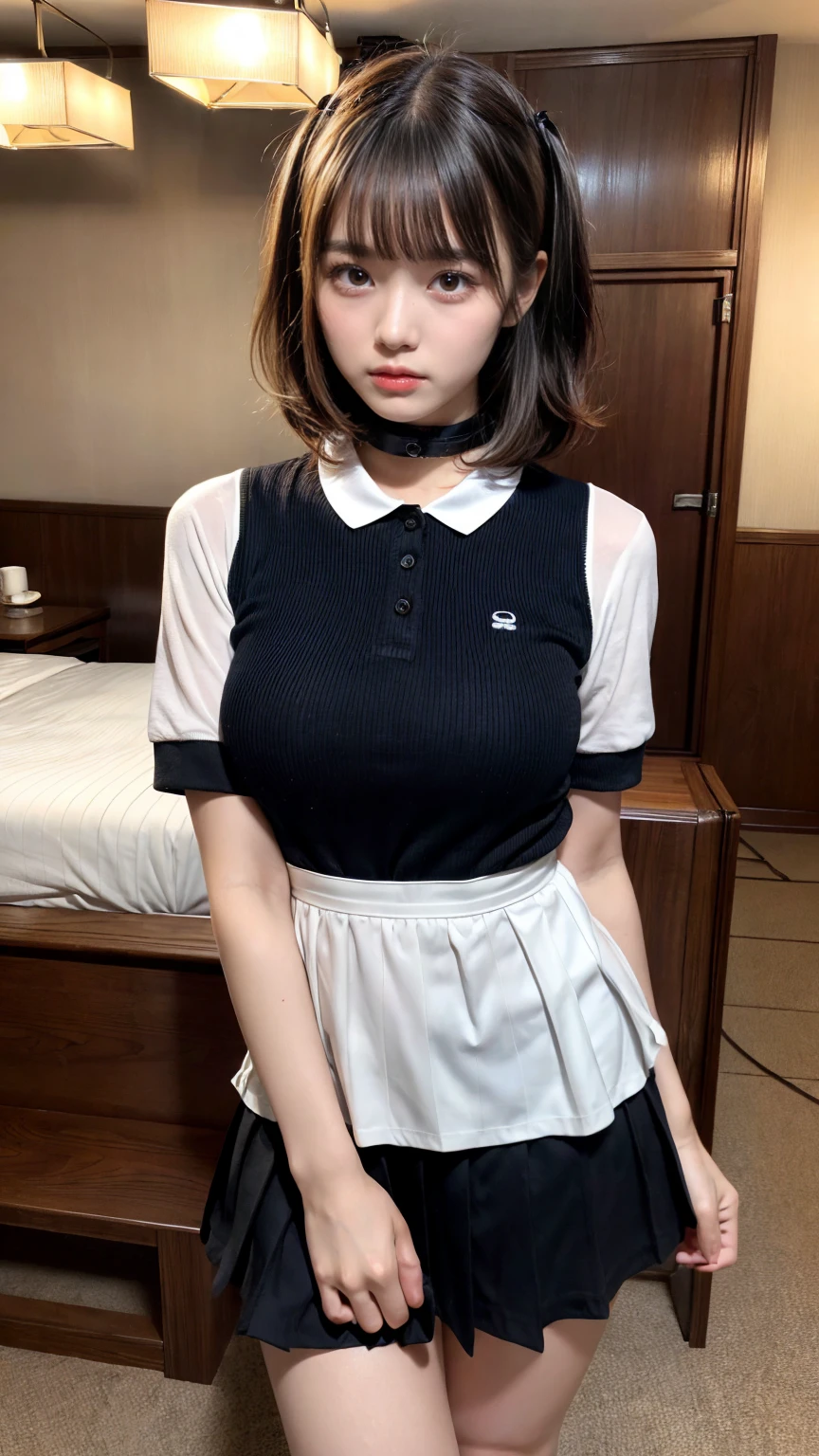 muste piece, best quality, illustration, Super detailed, fine details, High resolution, 8K,wall paper, perfect dynamic composition,(Details High quality, realistic depiction of eyes:1.3), (collared polo shirt), pleated skirt, knee high socks, short bob hair, black hair color, Big Natural Color Lip, bold sexy pose, crying a little、cold gaze, Harajuku style、20 year old girl、cute type、ta、beautiful legs, hotel room, hposing Gravure Idol, Voluptuous thighs