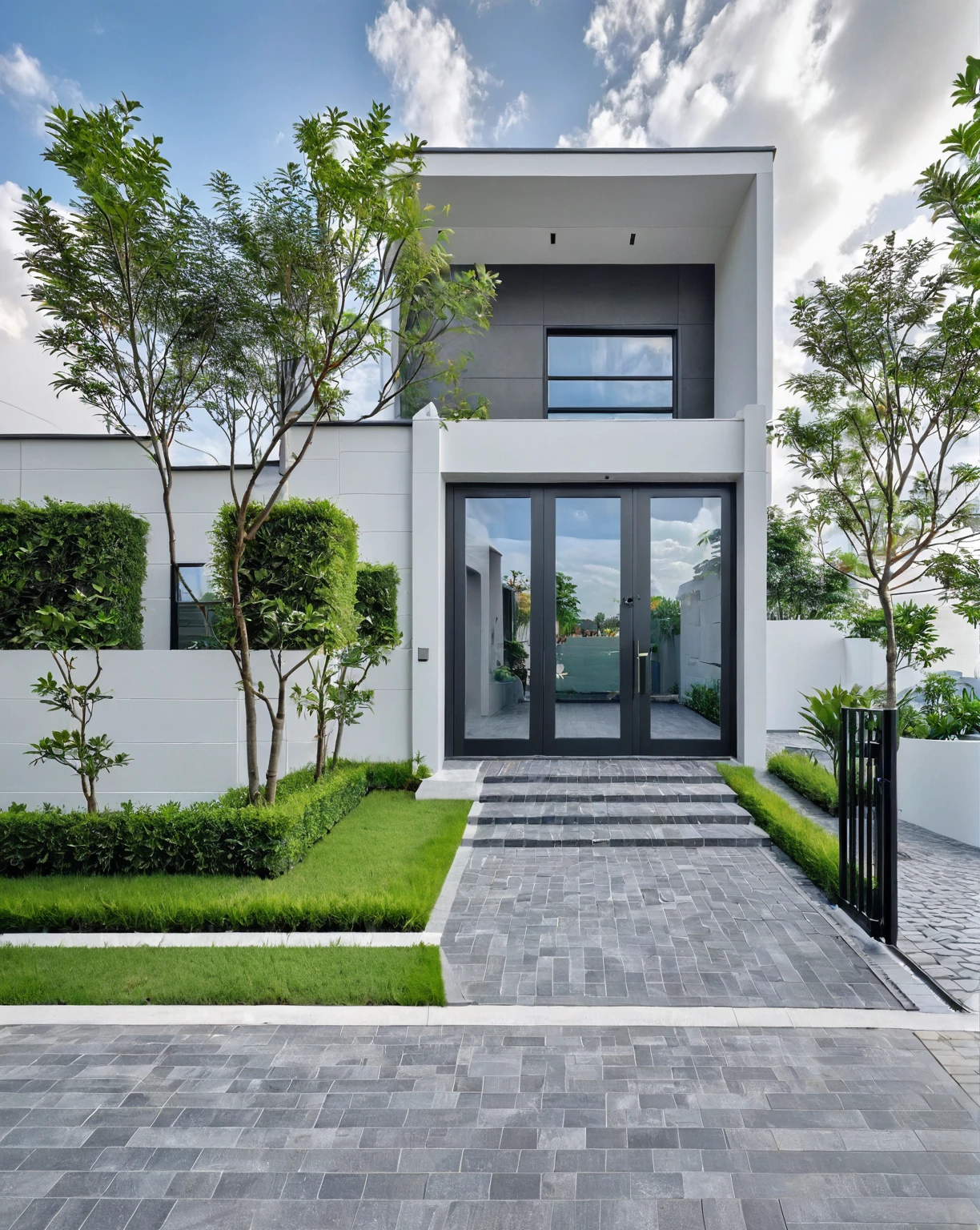 Raw photo, masterpiece, high quality, best quality, realistic, super detailed, outdoor, 2-storey house, modern townhouse style, (white wall), curved wall facade, aluminum interior door glass, curved planter, gray tiled accent wall, gray iron box exterior gate, road, sidewalk, grass, trees, sky, clouds, (daylight):1.1)