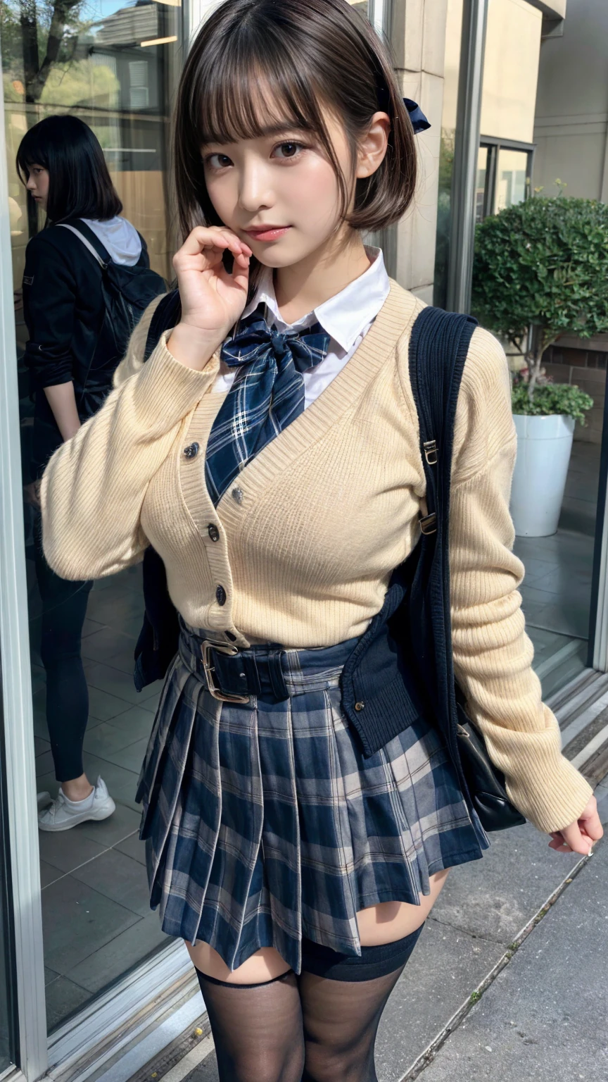 masterpiece, best quality, illustration, Super detailed, fine details, High resolution, 8K,wall paper, perfect dynamic composition,(Details High quality, realistic depiction of eyes:1.3), High School Classroom、High school girl uniform、Cardigan、Super Short Check Uniform Skirt、Navy blue high socks、garterbelts、Colossal tits、Disturbed uniform、short hair, (updo), black hair color, Big Natural Color Lip, bold sexy pose, (perfect body shape), crying a little、Harajuku style、20 year old girl、cute type, beautiful legs, hposing Gravure Idol, Voluptuous thighs