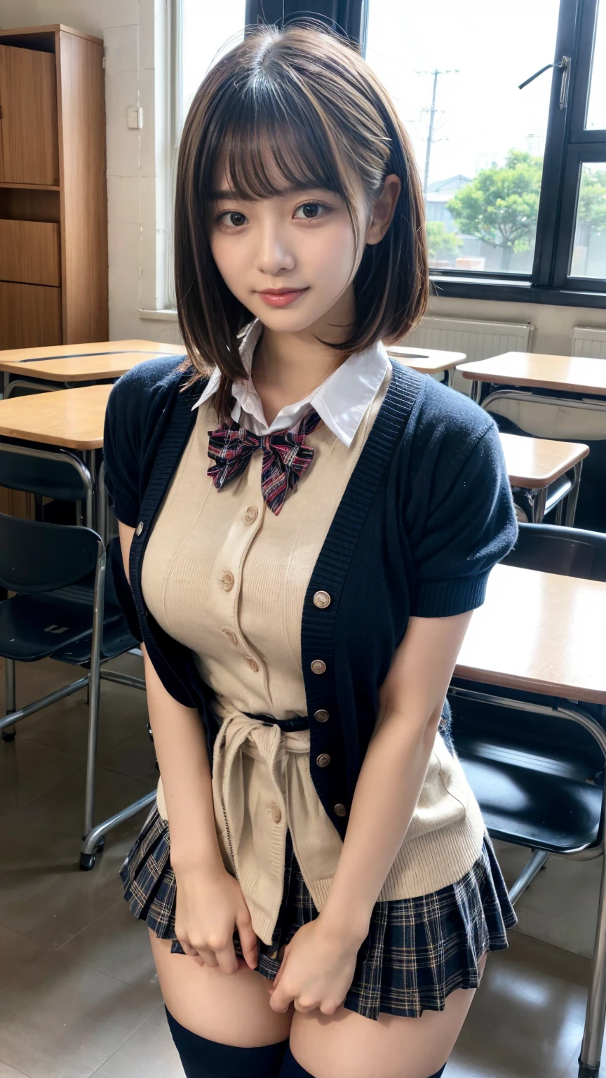 masterpiece, best quality, illustration, Super detailed, fine details, High resolution, 8K,wall paper, perfect dynamic composition,(Details High quality, realistic depiction of eyes:1.3), High School Classroom、High school girl uniform、Cardigan、Super Short Check Uniform Skirt、Navy blue high socks、garterbelts、Colossal tits、Disturbed uniform、short hair, (updo), black hair color, Big Natural Color Lip, bold sexy pose, (perfect body shape), crying a little、Harajuku style、20 year old girl、cute type, beautiful legs, hposing Gravure Idol, Voluptuous thighs