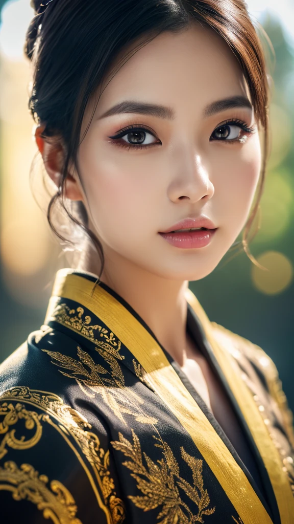 A beautiful Japanese woman, elegant, glowing, cute, reddish, black hair, gold accents, detailed portrait, ultra-detailed face, striking eyes, full lips, long eyelashes, detailed ornate kimono, graceful pose, serene expression, natural lighting, vibrant colors, photorealistic, 8k, (best quality, 4k, 8k, highres, masterpiece:1.2), ultra-detailed, (realistic, photorealistic, photo-realistic:1.37), HDR, UHD, studio lighting, ultra-fine painting, sharp focus, physically-based rendering, extreme detail description, professional, vivid colors, bokeh