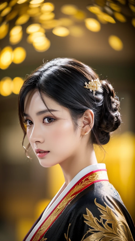 A beautiful Japanese woman, elegant, glowing, cute, reddish, black hair, gold accents, detailed portrait, ultra-detailed face, striking eyes, full lips, long eyelashes, detailed ornate kimono, graceful pose, serene expression, natural lighting, vibrant colors, photorealistic, 8k, (best quality, 4k, 8k, highres, masterpiece:1.2), ultra-detailed, (realistic, photorealistic, photo-realistic:1.37), HDR, UHD, studio lighting, ultra-fine painting, sharp focus, physically-based rendering, extreme detail description, professional, vivid colors, bokeh
