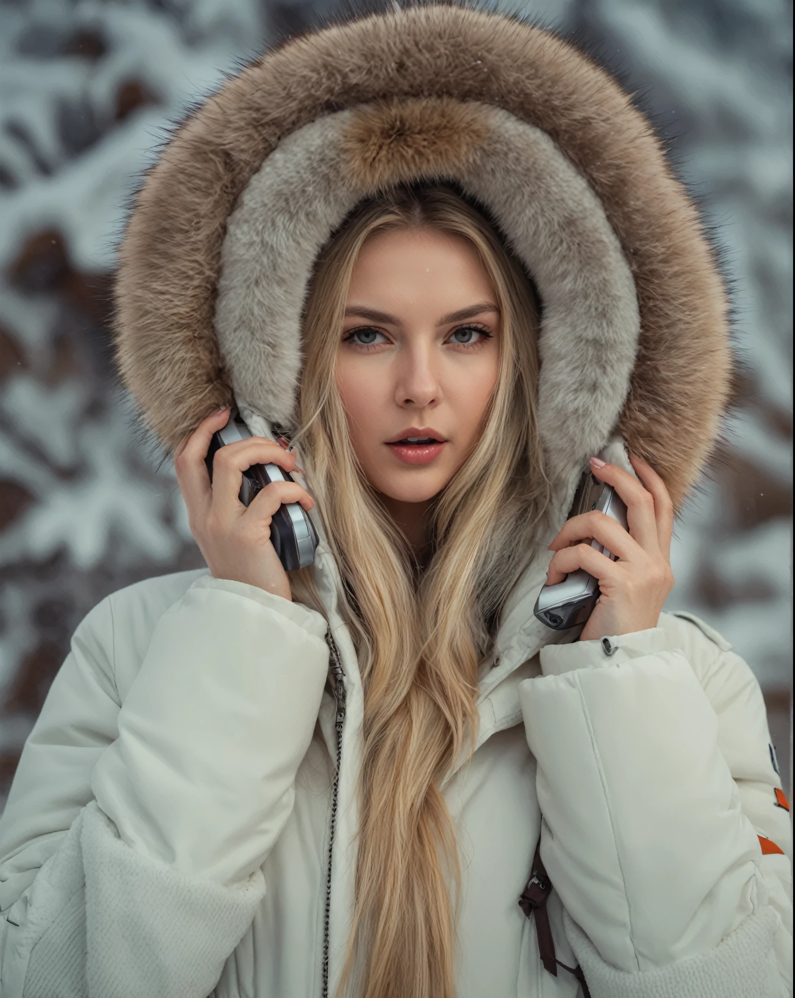 Arafed woman in a fur-lined jacket talking on a cell phone, fur hood, Beautiful nordic woman, action shot girl in parka, karol behind uhd, backlit shot girl in parka, White skin, nordic girl portrait, blonde fur, Anna Nikonova aka Newmilky, blonde furr, wearing a luxury fur coat