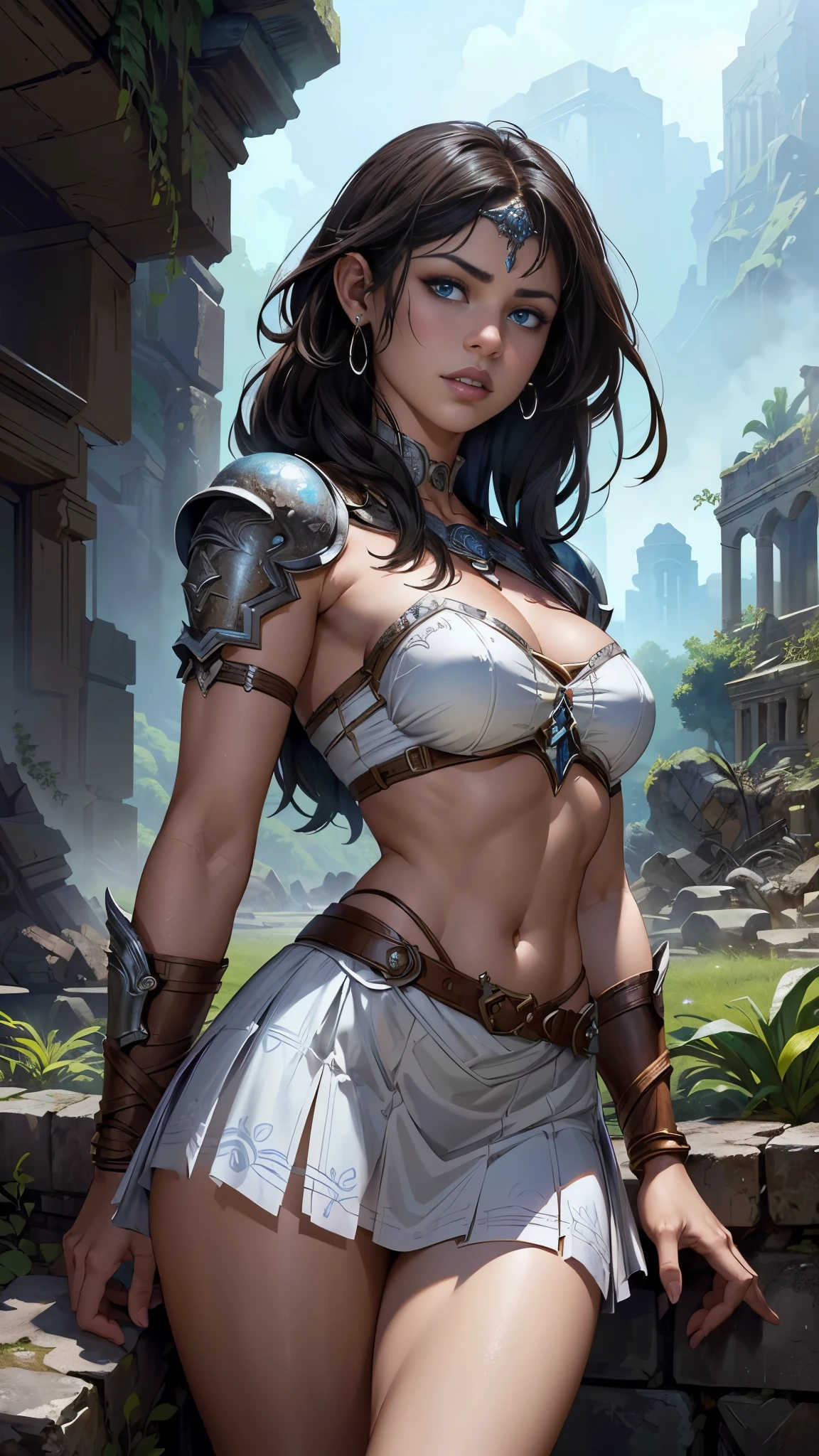 (La Best Quality,A high resolution,Ultra - detailed,actual),Selena Gómez with shein white checkered short skirt , and a white checked crop top , ,(Ruined dungeon ruins background:1.4 ),(cabello white canoso :1.4), More detailed 8K.unreal engine:1.4,UHD,La Best Quality:1.4, photorealistic:1.4, skin texture:1.4, Masterpiece:1.8,first work, Best Quality,object object], (detailed face features:1.3),(The correct proportions),(Beautiful blue eyes),  (cowboy pose),( Selena Gómez :1.4), (falda short cuadros shein white :1.4), Epic Fantasy Art Style HD, 4K fantasy art, epic fantasy digital art style, epic fantasy art style, Fantasy Woman, epic fantasy art portrait, Epic fantasy style, hyperrealistic fantasy art, hd fantasy art, Epic fantasy character art, epic fantasy art, in style of dark fantasy art, epic fantasy digital art, (anatomía perfecta :1.4), (estilo guerrera amazonas :1.4), (fondo plantas grandes silvestres :1.4), (estilo cuero de búfalo negro :1.4) 