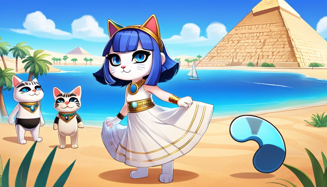 1girl，Artist Name，Egyptian cat，Blue Hair，skin，Keep your mouth shut，Wear，whole body，solo，Standing，猫Tail，Keep your mouth shut，Wear，Looking at the audience,Animal Crossing Furry, Blue Hair, Hair accessories, 黄skin, black eyes, White Dress, Tail, Egyptian Pyramids，mummy，Sunlight，sunny，(masterpiece), ((best quality), Detailed background, masterpiece, best quality, high quality, absurd, The award-winning, professional, Very detailed