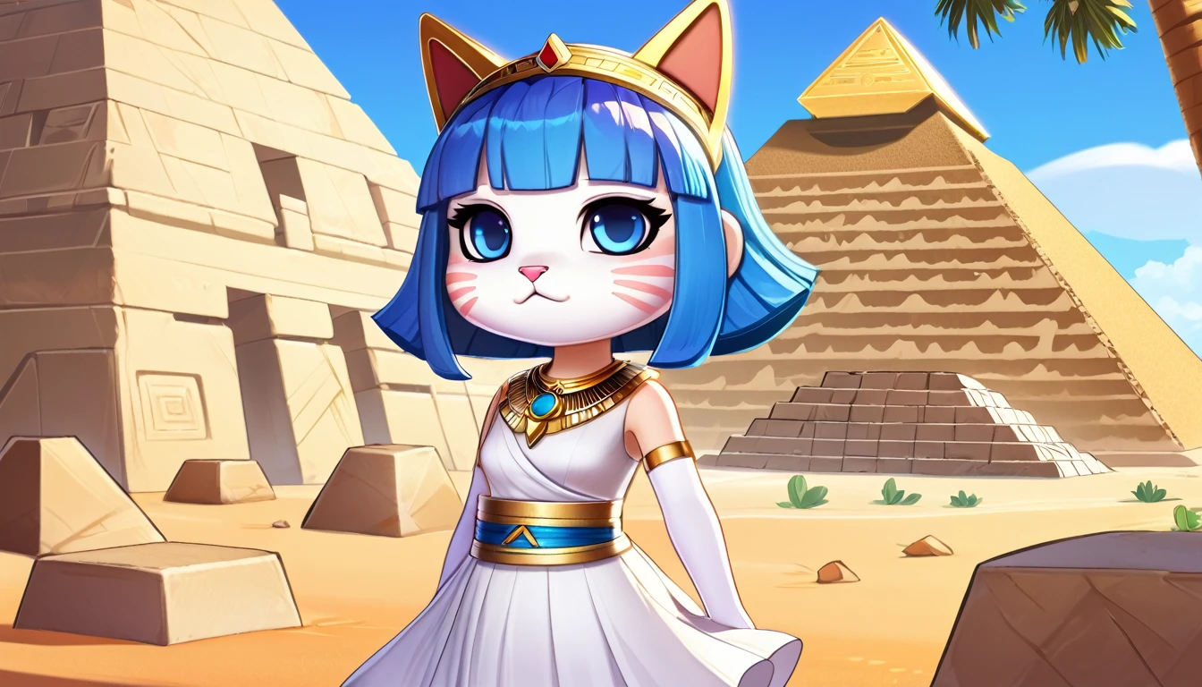 1girl，Artist Name，Egyptian cat，Blue Hair，skin，Keep your mouth shut，Wear，whole body，solo，Standing，猫Tail，Keep your mouth shut，Wear，Looking at the audience,Animal Crossing Furry, Blue Hair, Hair accessories, 黄skin, black eyes, White Dress, Tail, Egyptian Pyramids，mummy，Sunlight，sunny，(masterpiece), ((best quality), Detailed background, masterpiece, best quality, high quality, absurd, The award-winning, professional, Very detailed