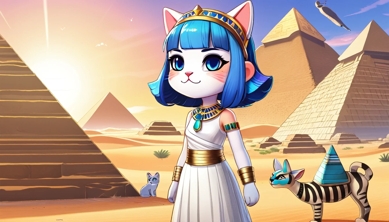 1girl，Artist Name，Egyptian cat，Blue Hair，skin，Keep your mouth shut，Wear，whole body，solo，Standing，猫Tail，Keep your mouth shut，Wear，Looking at the audience,Animal Crossing Furry, Blue Hair, Hair accessories, 黄skin, black eyes, White Dress, Tail, Egyptian Pyramids，mummy，Sunlight，sunny，(masterpiece), ((best quality), Detailed background, masterpiece, best quality, high quality, absurd, The award-winning, professional, Very detailed