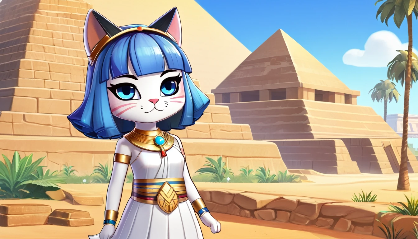 1girl，Artist Name，Egyptian cat，Blue Hair，skin，Keep your mouth shut，Wear，whole body，solo，Standing，猫Tail，Keep your mouth shut，Wear，Looking at the audience,Animal Crossing Furry, Blue Hair, Hair accessories, 黄skin, black eyes, White Dress, Tail, Egyptian Pyramids，mummy，Sunlight，sunny，(masterpiece), ((best quality), Detailed background, masterpiece, best quality, high quality, absurd, The award-winning, professional, Very detailed