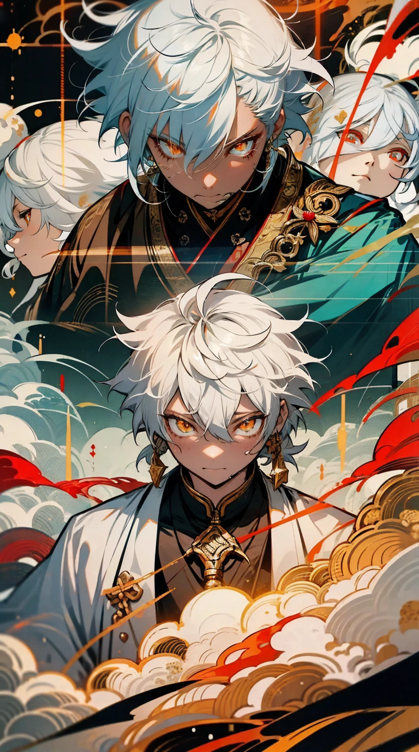 Aether from Genshin Impact. 1male. White hair with red stripes. Golden eyes.