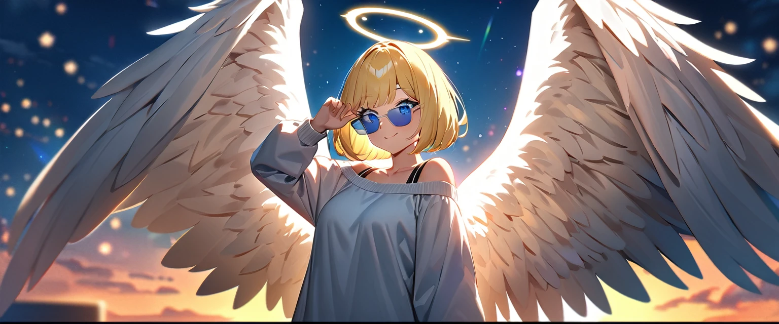 ((flying in the sky)), ((angel, big big white wings:1.3, halo:1.3)), ((sky)), (((sunglasses, hand to sunglasses))), (((cowboy shot))), archangel Uriel, ((wavy hair, inward curled hair)), evening, Sunset, ((blond hair, bob cut:1.3)), breasts, teenager, (looking at viewer), oversized clothes, puffy long sleeves, collarbone, ((off-shoulder sweater:1.3, Quite thick shoulder straps)), ((white sweater)), collarbone, head tilt:1.3, (((blue eyes))), ((happy smile)), (((anime style))), (best quality, 4K, 8K, highres, masterpiece:1.2, ultra-detailed, ultra-detailed eyes, HDR, uhd, studio lighting, ultra-fine painting, sharp focus, physically-based rendering, extreme detail description, professional, vivid colors, bokeh)