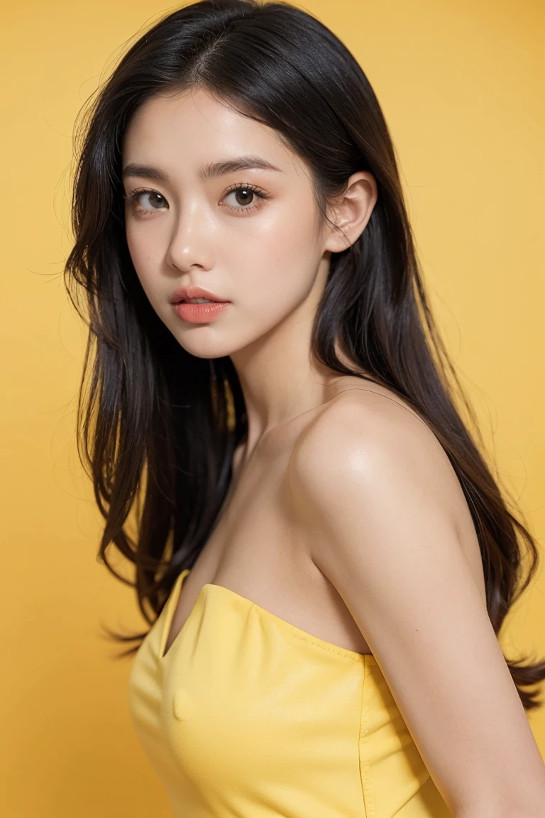 21 year old girl, yellow background, beautiful dress