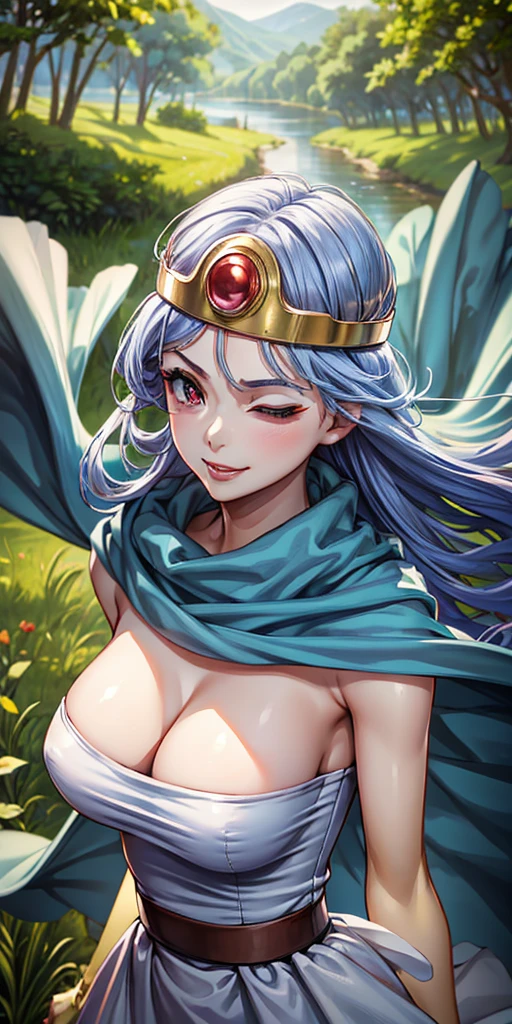 masterpiece, best quality, 4k, 8k, dq, upper body, face focus, close-up, 1girl, blue hair, white dress, red eyes, circlet, orange lipstick, (finger to mouth), (one eye closed), cleavage, smile, happy, depth, depth of field, outdoor, nature, petals, wind, masterpiece, high quality, best quality, beautiful, hd, perfect lighting, detailed face, detailed body, masterpiece, best quality, intricate details, 8k uhd, perfect face, perfect eyes