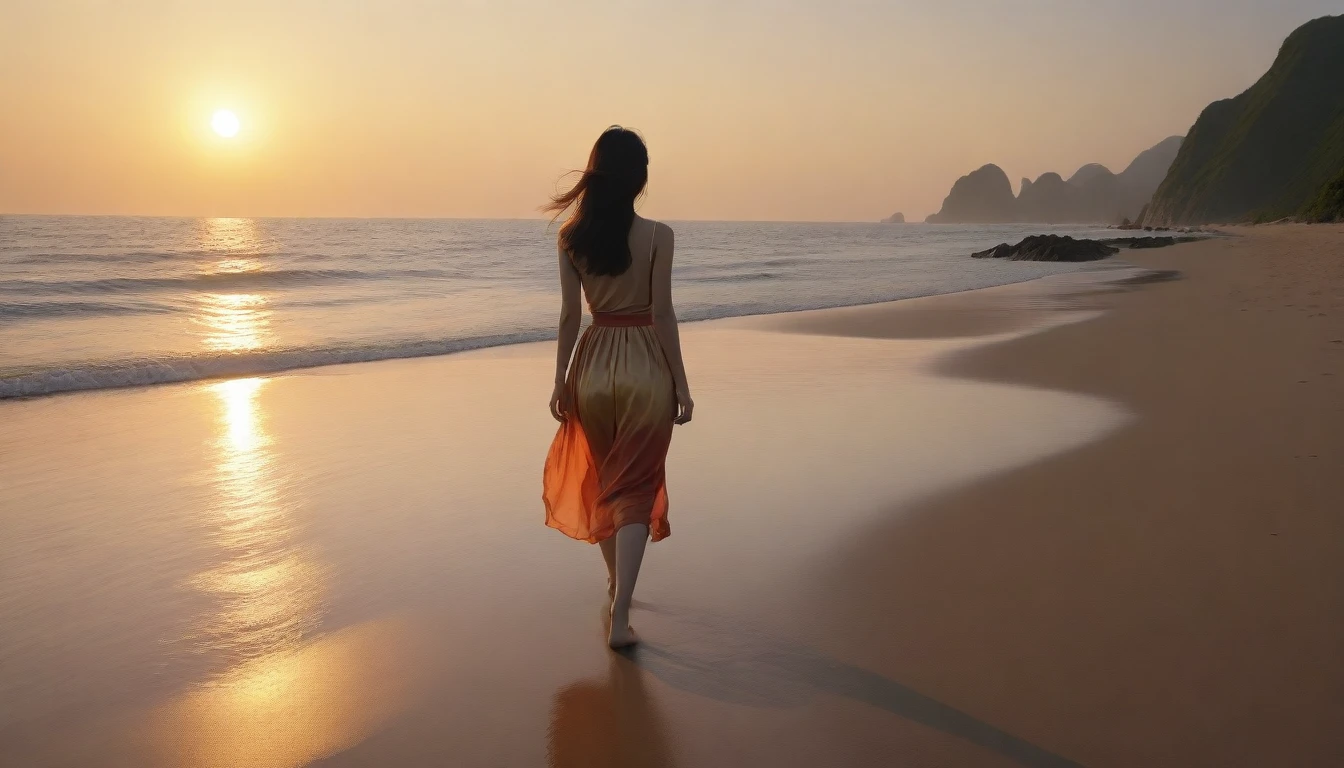 8K realistic lifelike photos, Realistic appearance of nature, , Woman walking along the beach at sunset. Walking in the distance with a wide angle lens , Back view of an Asian woman wearing a light skirt, burning sunset light, 1 woman