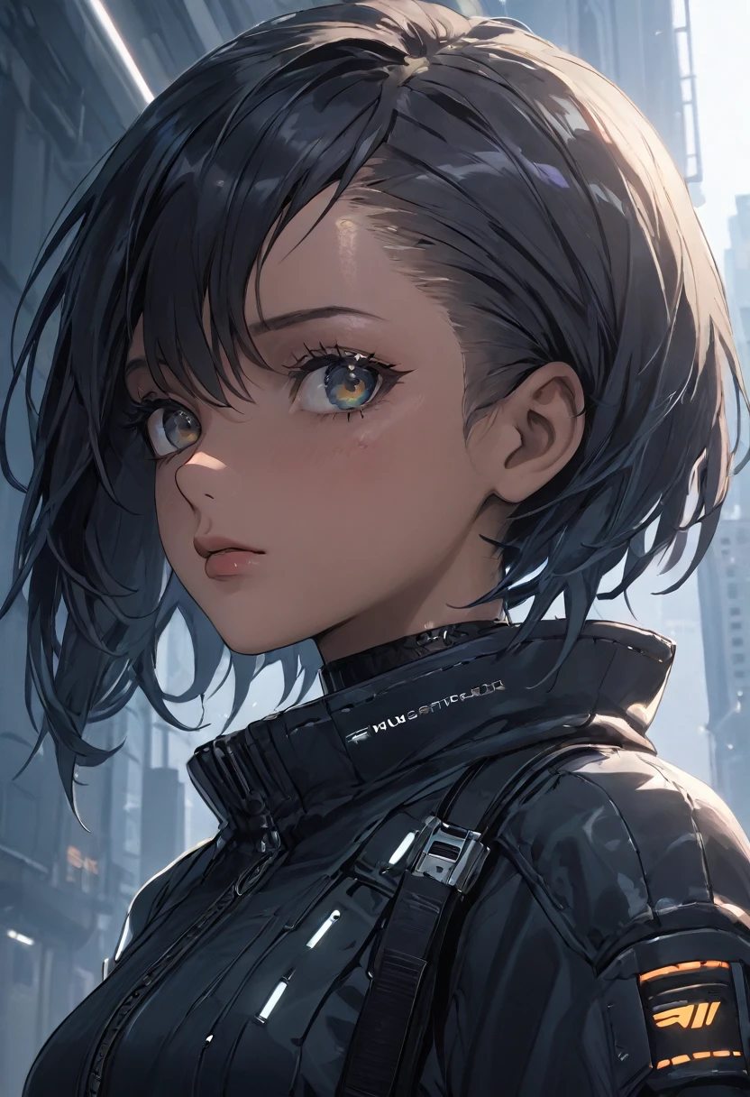 Turn your head and look up think , black cyberpunk costume, masterpiece , sunshine , morning , badass , best quality, expressive eyes, perfect face , white girl
