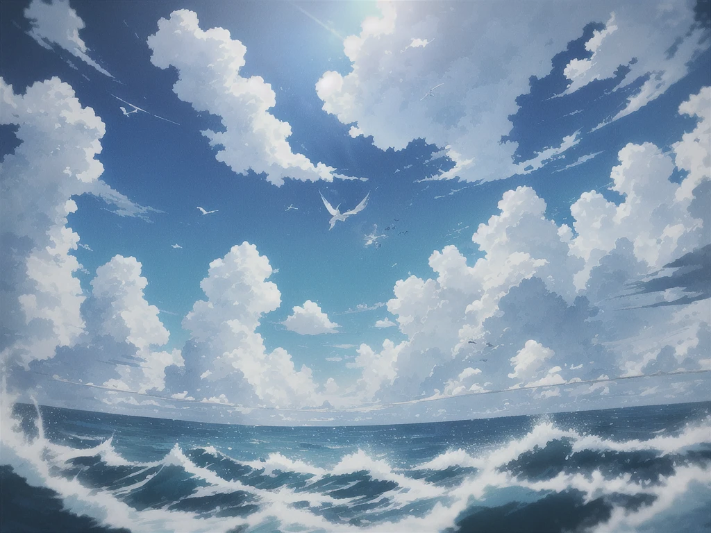 On a blue sea,There are blue sky, white clouds and flying birdsBREAK Japanese anime style,Comic styleBREAK The sky is full of clouds,Rich in colorBREAK The most suitable effect for this scene is to use watercolor techniques to capture the softness of the sea surface and the fluidity of movement.