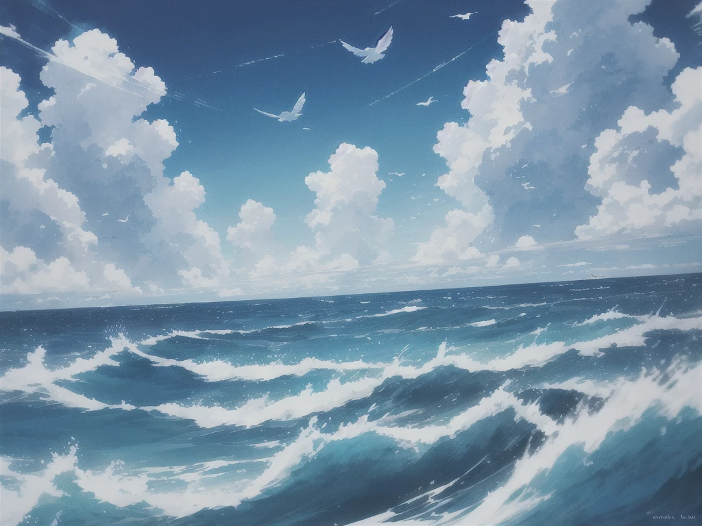 On a blue sea，There are blue sky, white clouds and flying birdsBREAK Japanese anime style，Comic styleBREAK The sky is full of clouds，Rich in colorBREAK The most suitable effect for this scene is to use watercolor techniques to capture the softness of the sea surface and the fluidity of movement.