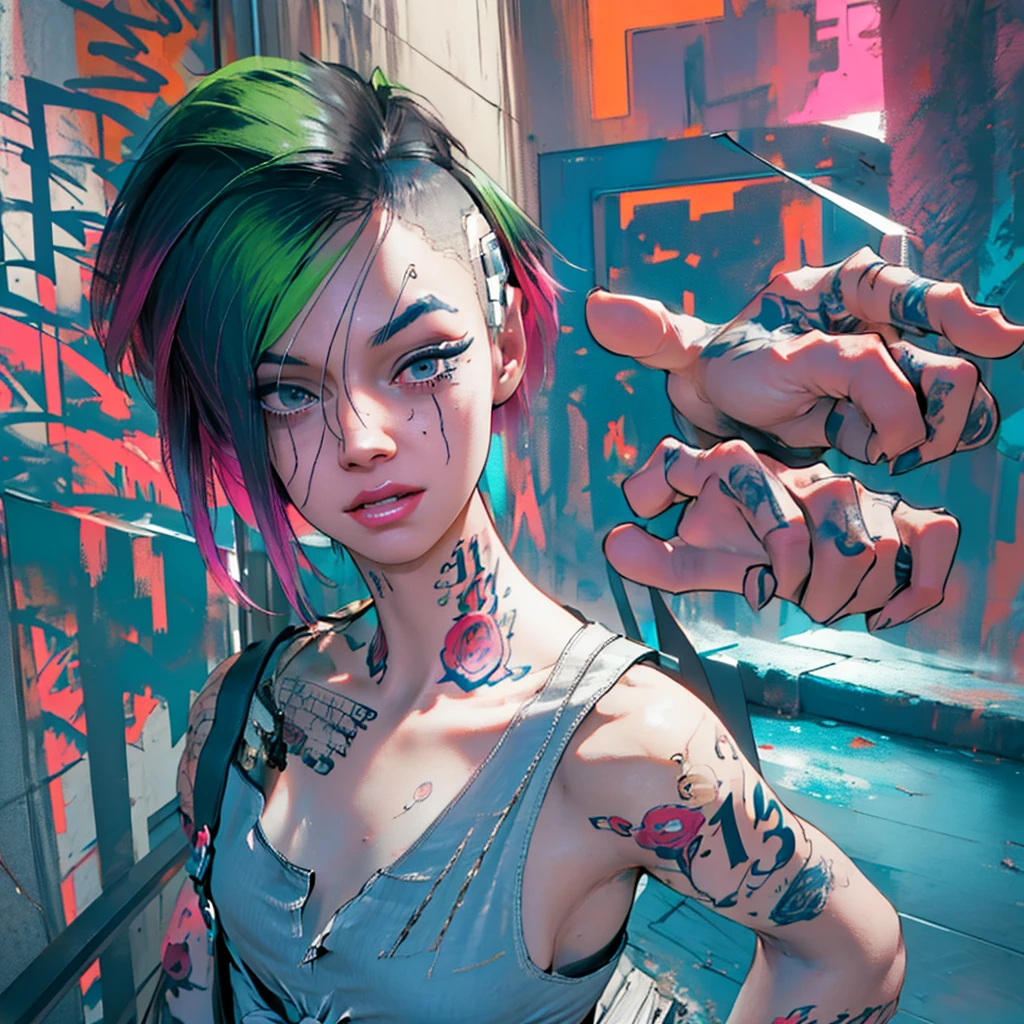 disco elysium, inkpunk, long distance shot of green haired punk woman overlooking a city harbor, (urban), (cyberpunk), ((red skies)), warm sunset, ocean reflection, hazy smog
