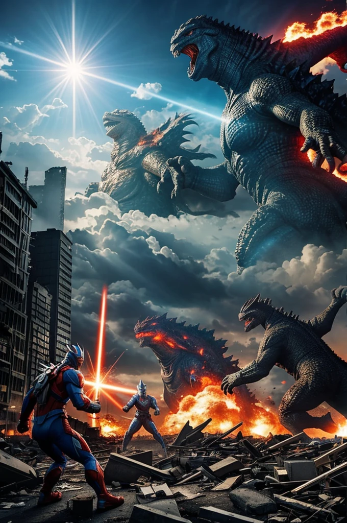 An epic battle between Ultraman and Godzilla in a destroyed city, with energy rays and explosions