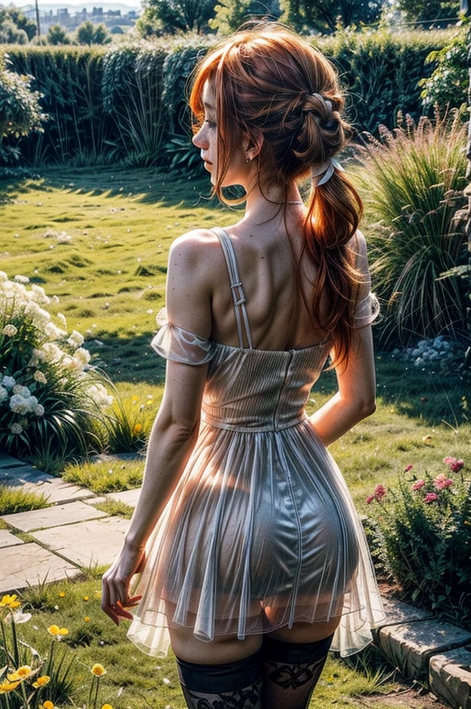 orange hair, freckles, medium hair, high twintails, sexy pose, translucent white country dress, bare shoulders, hair ribbon, earrings, outdoors, garden, sunlight, day, bush, view from behind, round and big butt, thighhighs, grass, flower, blush,