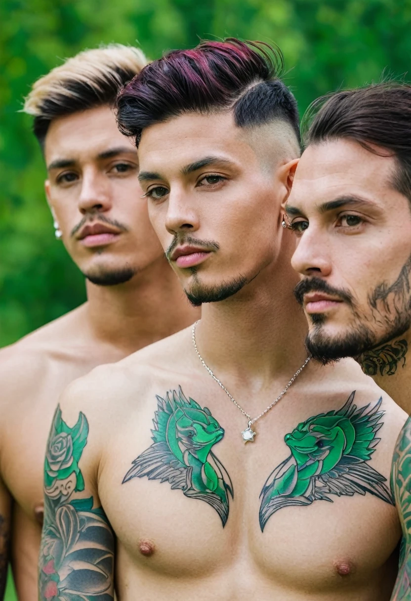 shirtless men with tattoos on their bodies, earrings in their ears. green background seine