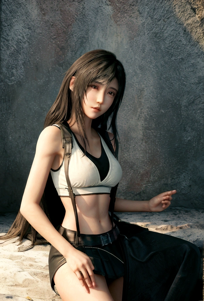 (Realistic: 1.4), 最high quality, Very delicate and beautiful, High resolution,masterpiece, 最high quality, 超High resolution, (Realistic:1.4), Detailed beautiful face, , 1 black man, 1 girl, Tifa_Lockhart, Final Fantasy VII Remake, Stunning European Women,Cowboy Shot, suspenders, Low rise, Black mini skirt, Black border white tank top, Tense shirt, Black Hair, Long Hair, Sexy Body,Beautiful breasts, Very beautiful and shining eyes,Beautiful feet, So cute, Close-upポトレイト, A lovely girl with a perfect face and soft skin., Perfect Face, ((small breasts))),Tight waist,Chainetter、thigh、In the dungeon,Complete diagram, Shapely hips, 8k resolution,surreal,Ultra-detailed,high quality, (small teardrop chest,  small breasts cleavage)， tit， Close-up, A broad perspective