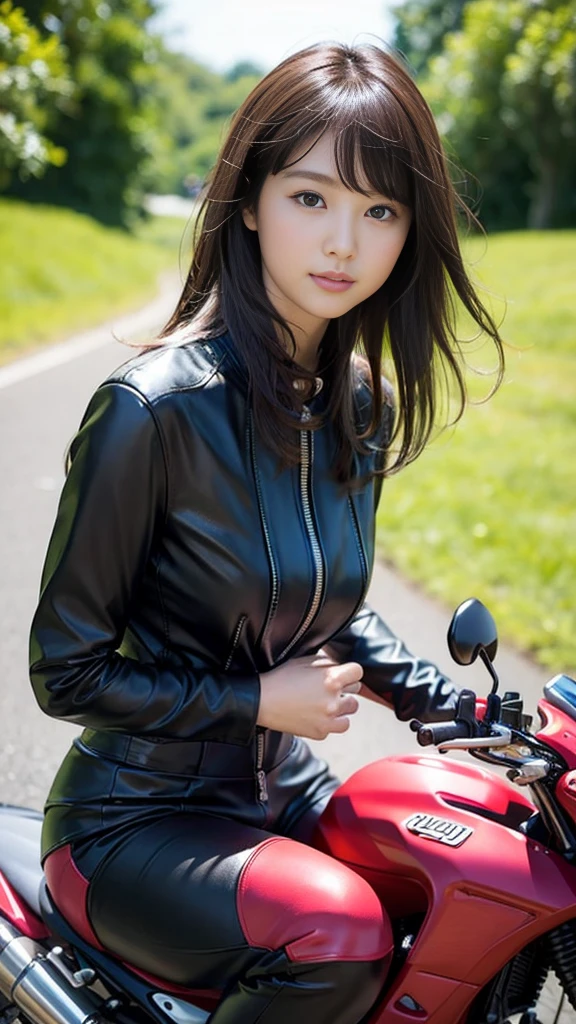 Close-up of a cute Japanese girl riding a motorcycle,Wearing pink leather jumpsuit、