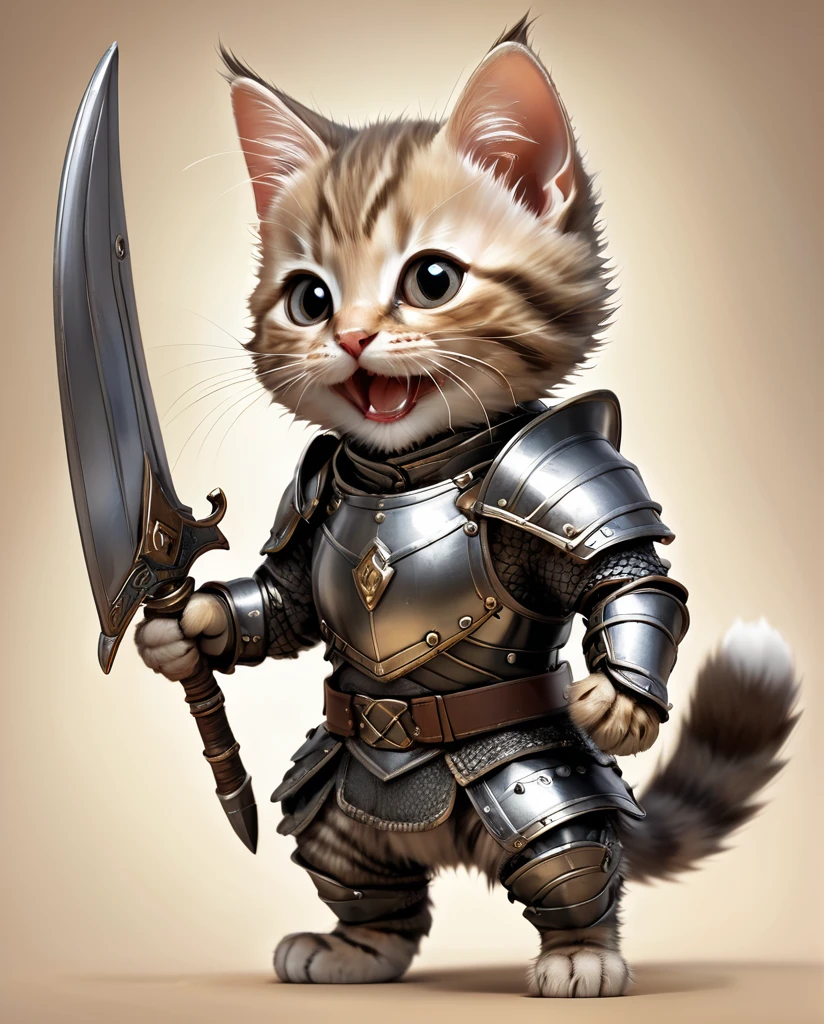 High-detail images Scottish Field Kitten Wearing armor Laughing Full Body Shot It's facing straight here.