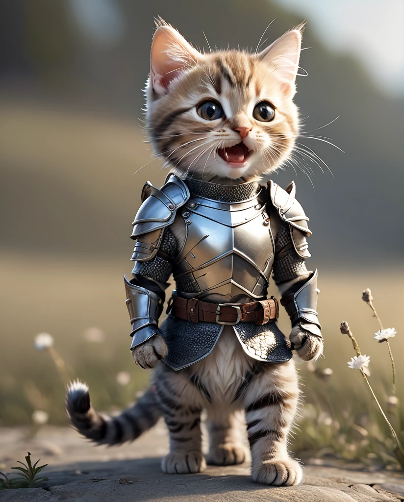 High-detail images Scottish Field Kitten Wearing armor Laughing Full Body Shot It's facing straight here.