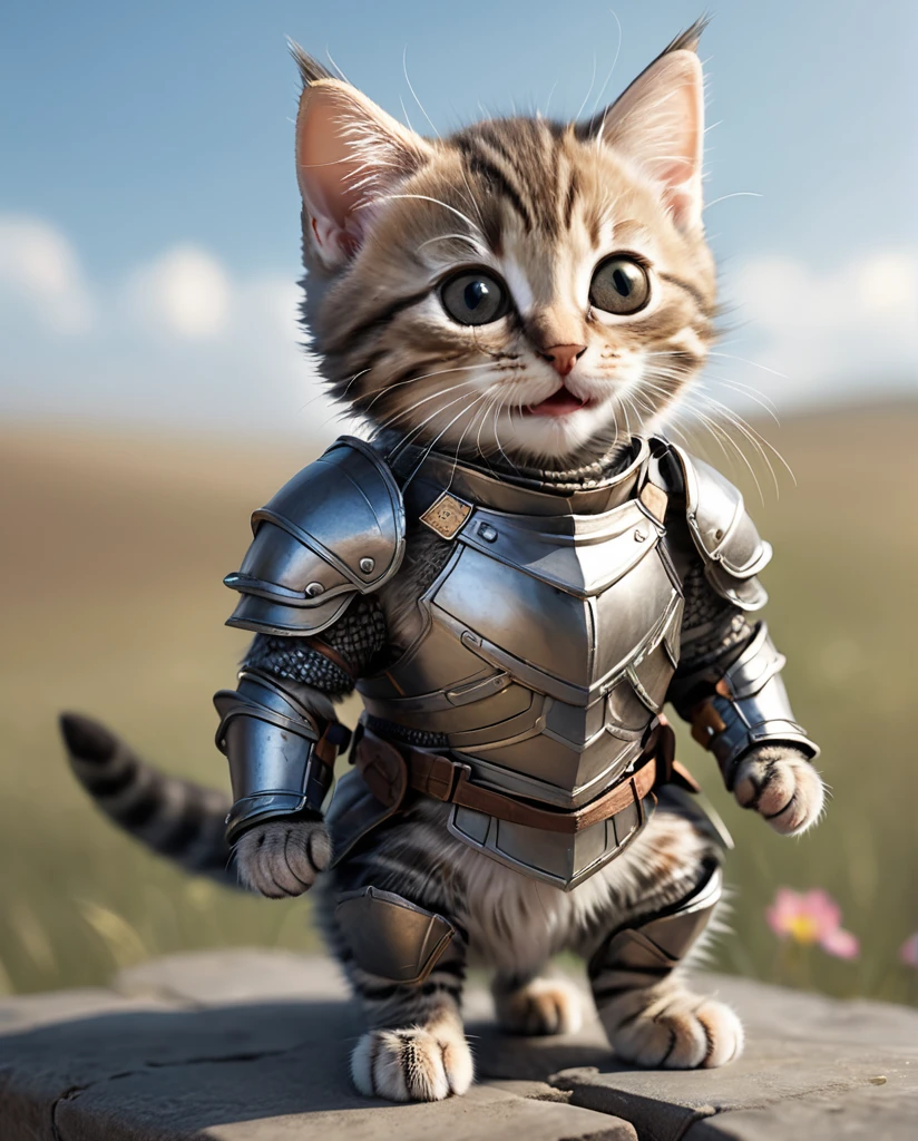 High-detail images Scottish Field Kitten Wearing armor Laughing Full Body Shot It's facing straight here.
