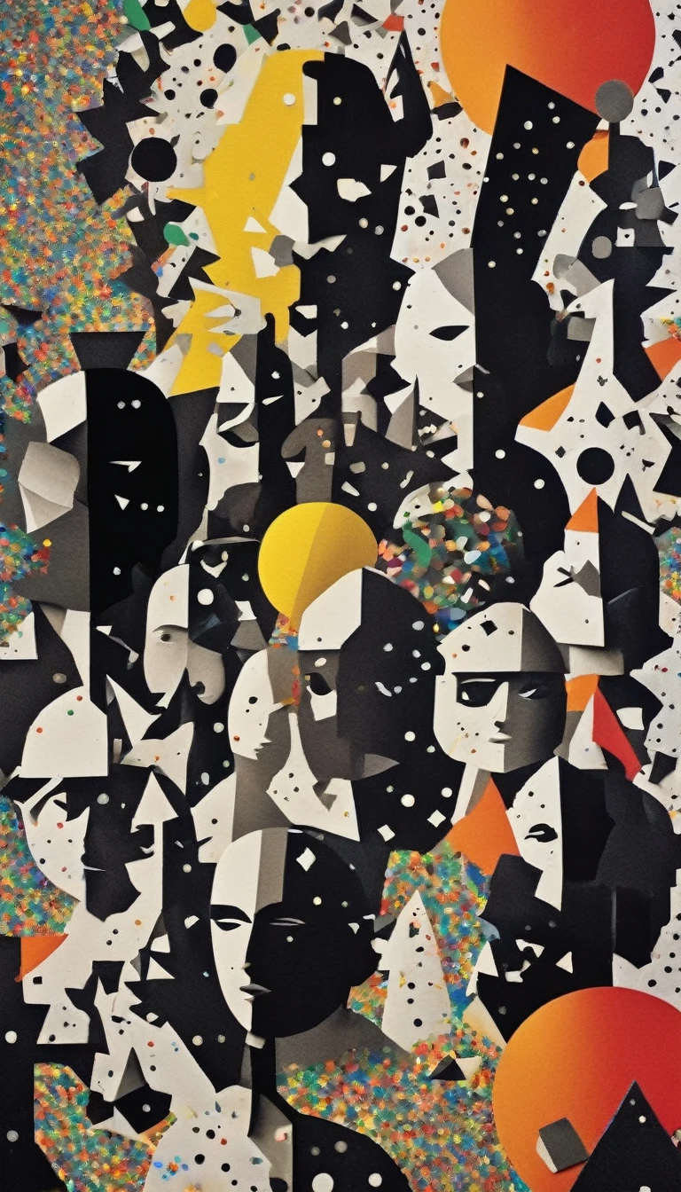 The black and white invaders who burst out of the wall with half their bodies turned into colorful cartoon confetti people. Fantasy, science fiction, low polygon, cubism and Paper Cuttings were created by Charles and Ray Eames,in style of Cubism, beautiful detailed with the words “OMEDI 11” written across