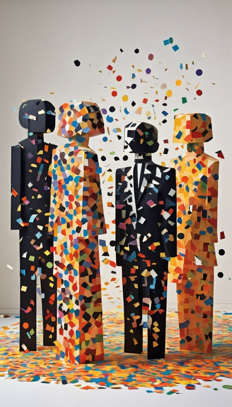 The black and white invaders who burst out of the wall with half their bodies turned into colorful cartoon confetti people. Fantasy, science fiction, low polygon, cubism and Paper Cuttings were created by Charles and Ray Eames,in style of Cubism, beautiful detailed with the words “OMEDI 11” written across