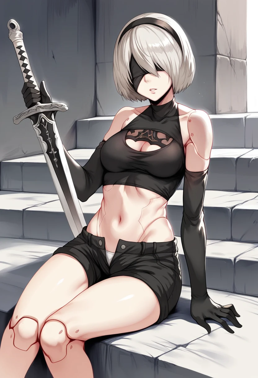Hews style, 1girl, long_hair, yorha_type_a_no._2, weapon, solo, sword, elbow_gloves, gloves, sitting, navel, android, black_gloves, breasts, shorts, robot_joints, stairs, parted_lips, joints, holding_weapon, tank_top, holding, bare_shoulders, blue_eyes, holding_sword, short_shorts, medium_breasts, black_shorts, white_hair, looking_at_viewer
