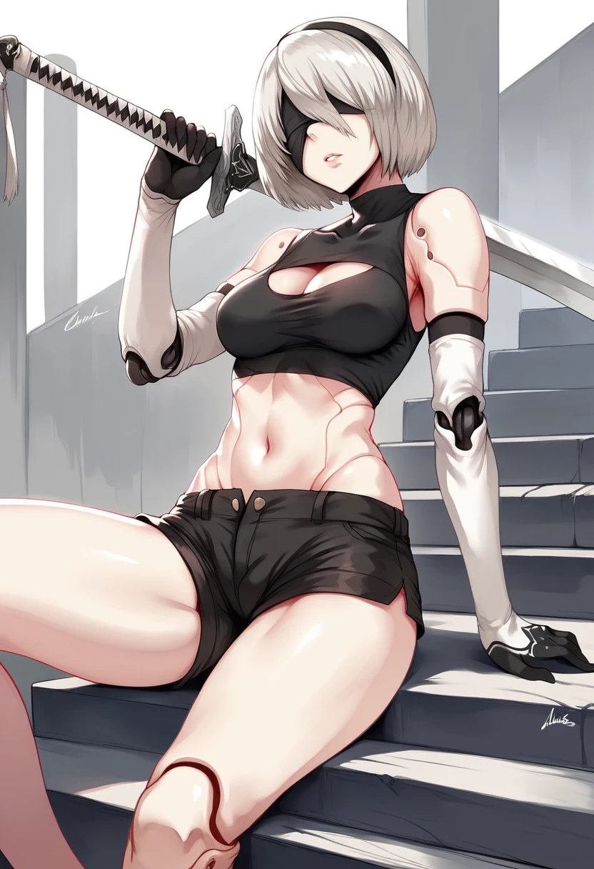 Hews style, 1girl, long_hair, yorha_type_a_no._2, weapon, solo, sword, elbow_gloves, gloves, sitting, navel, android, black_gloves, breasts, shorts, robot_joints, stairs, parted_lips, joints, holding_weapon, tank_top, holding, bare_shoulders, blue_eyes, holding_sword, short_shorts, medium_breasts, black_shorts, white_hair, looking_at_viewer