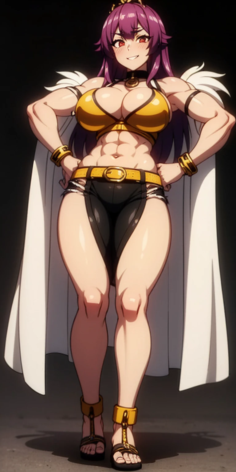 ((BLACK BACKGROUND,1:2, masterpiece)) full body MILF BIMBO standing with two long thighs and two metal sandals, red eyes, two-tone hair, brown hair, purple hair, long messy style hair, big breasts, cleavage, separate sleeves, tiara royal, long cape up to two feet, yellow bikini, hands on waist, navel, toned body, lustful smirking smiling, smile face (red blushed, red cheeks), metal shoulders, gold sleeveless armbands, black leather choker slave collar (leather choker with big golden bell), shackle bracelets, red crest, pauldrons, breastplate, leather corset, eye focus, full body, whole body, 1solo, loincloth standing, hands on hips, big belt, view from below, feet together, bracers, tiara)