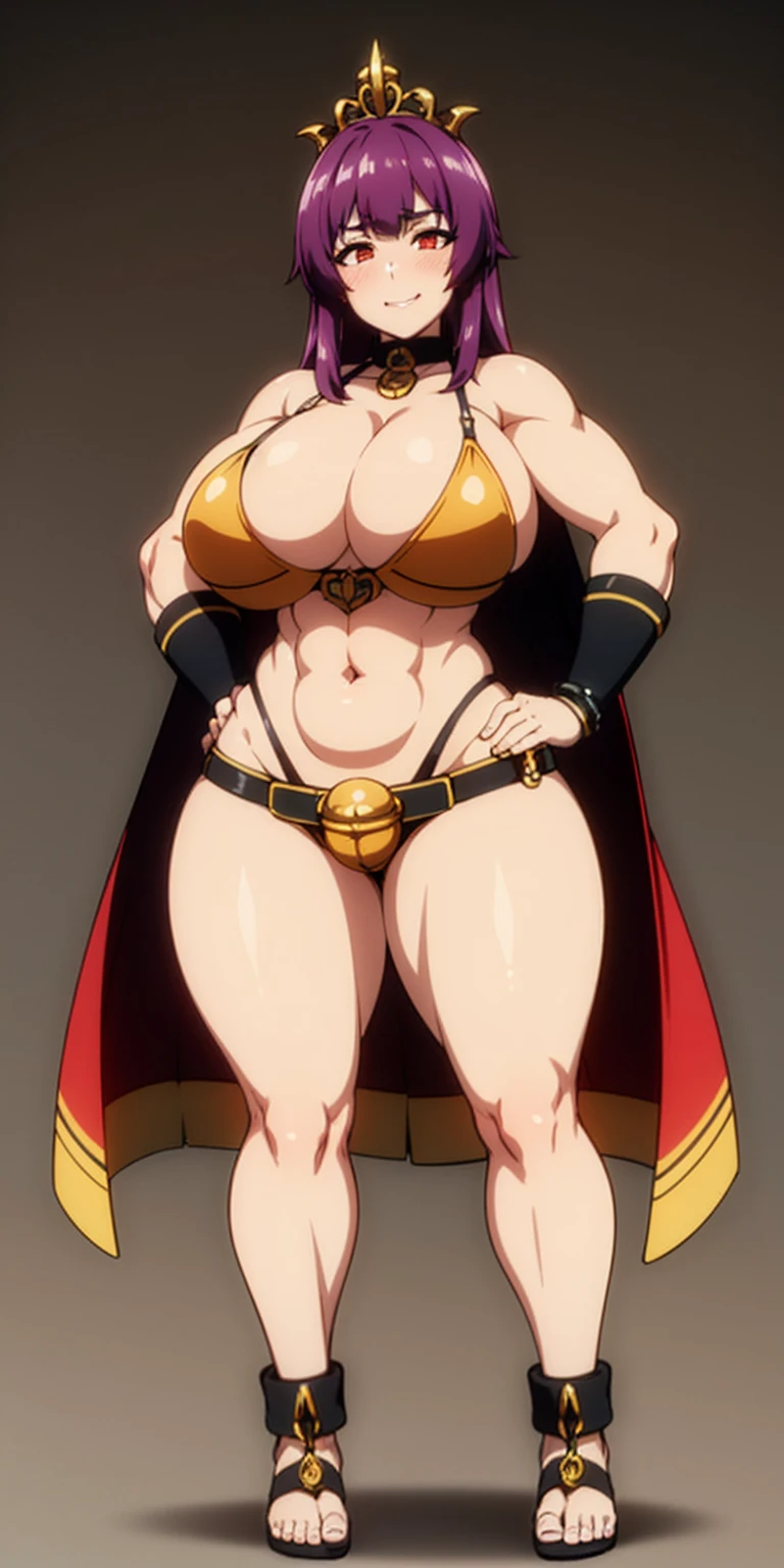((BLACK BACKGROUND,1:2, masterpiece)) full body MILF BIMBO standing with two long thighs and two metal sandals, red eyes, two-tone hair, brown hair, purple hair, long messy style hair, big breasts, cleavage, separate sleeves, tiara royal, long cape up to two feet, yellow bikini, hands on waist, navel, toned body, lustful smirking smiling, smile face (red blushed, red cheeks), metal shoulders, gold sleeveless armbands, black leather choker slave collar (leather choker with big golden bell), shackle bracelets, red crest, pauldrons, breastplate, leather corset, eye focus, full body, whole body, 1solo, loincloth standing, hands on hips, big belt, view from below, feet together, bracers, tiara)