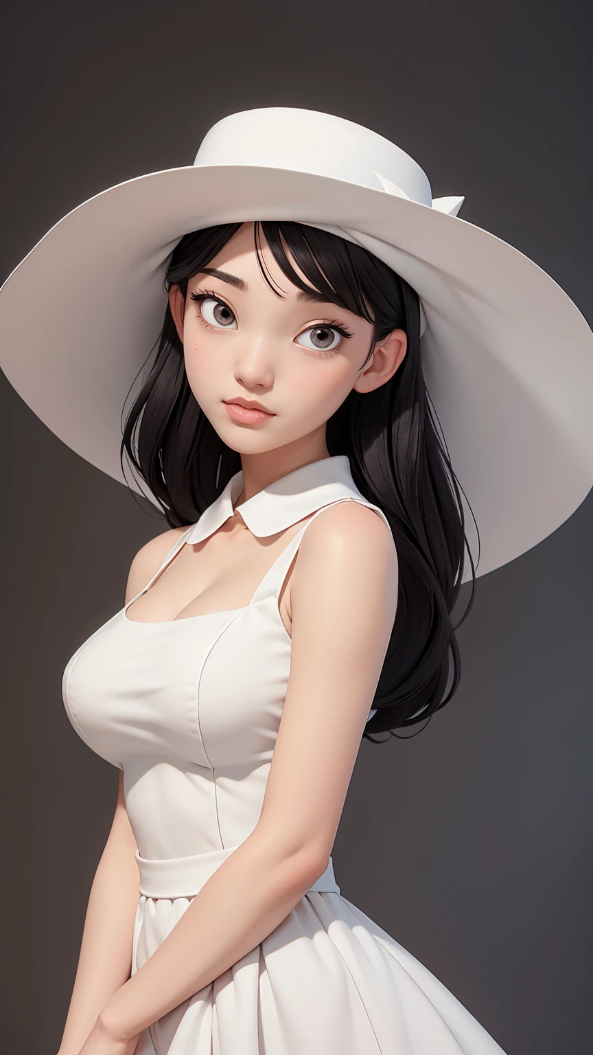 (best quality, masterpiece, perfect face) black hair, 18 years old pale girl, big bust, white sundress, big white hat