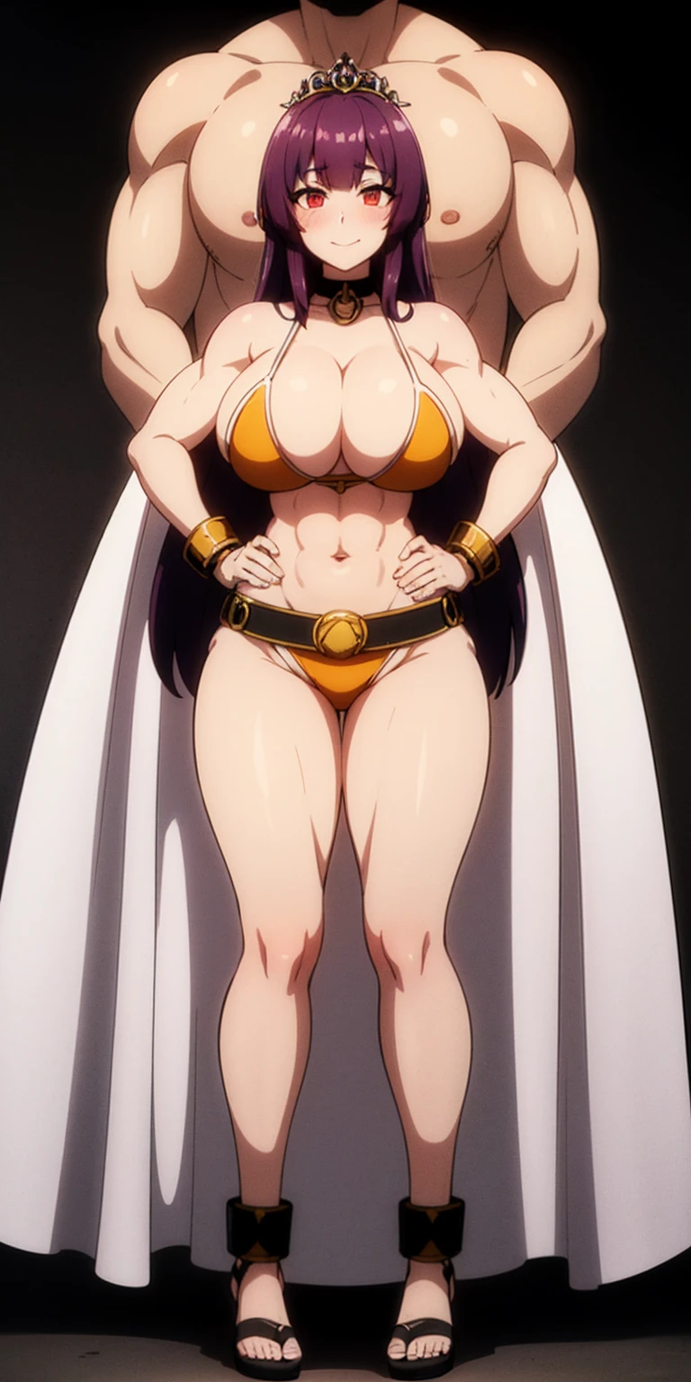 ((BLACK BACKGROUND,1:2, masterpiece)) full body MILF BIMBO standing with two long thighs and two metal sandals, red eyes, two-tone hair, brown hair, purple hair, long messy style hair, big breasts, cleavage, separate sleeves, tiara royal, long cape up to two feet, yellow bikini, hands on waist, navel, toned body, lustful smirking smiling, smile face (red blushed, red cheeks), metal shoulders, gold sleeveless armbands, black leather choker slave collar (leather choker with big golden bell), shackle bracelets, red crest, pauldrons, breastplate, leather corset, eye focus, full body, whole body, 1solo, loincloth standing, hands on hips, big belt, view from below, feet together, bracers, tiara)