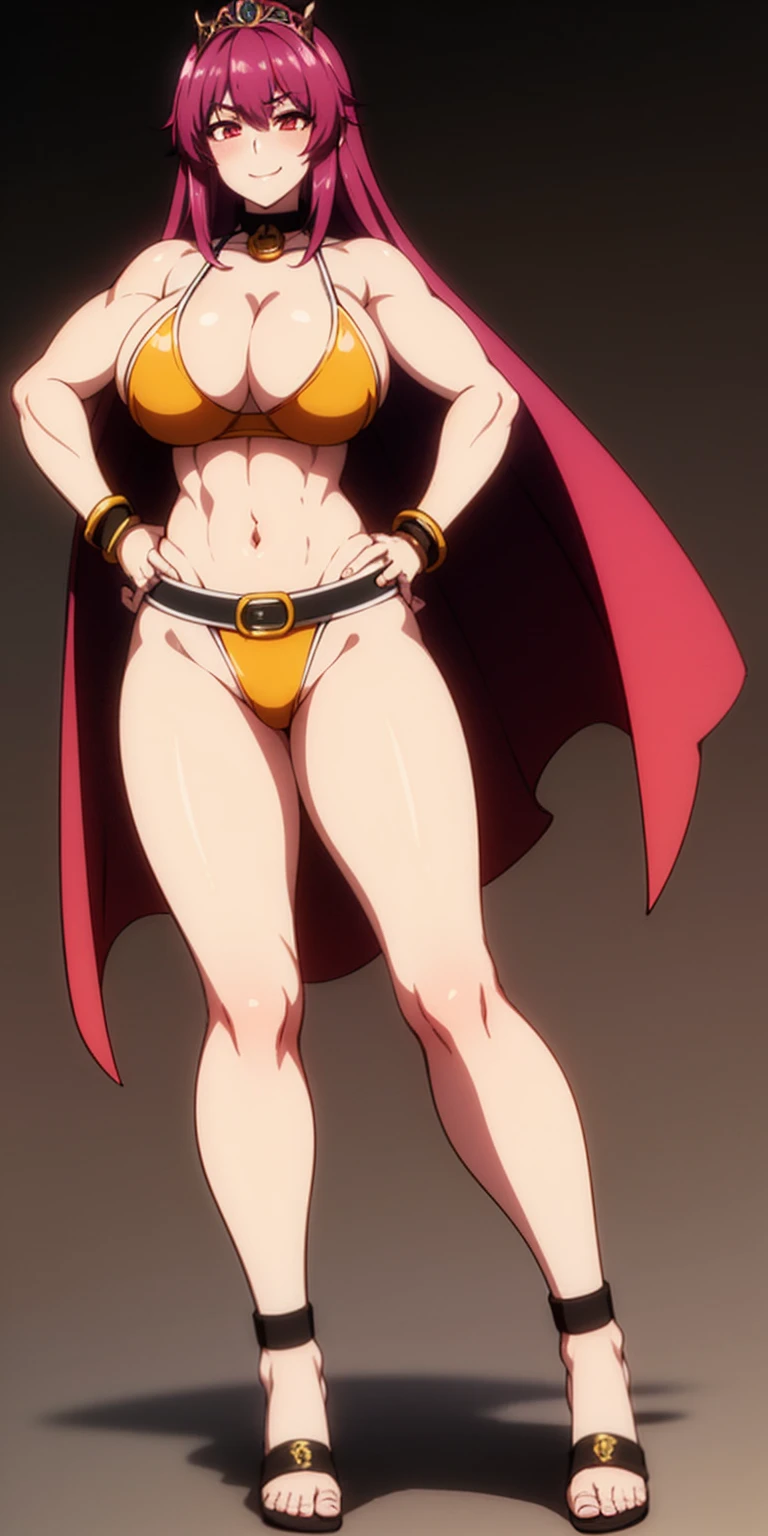 ((BLACK BACKGROUND,1:2, masterpiece)) full body MILF BIMBO standing with two long thighs and two metal sandals, red eyes, two-tone hair, brown hair, purple hair, long messy style hair, big breasts, cleavage, separate sleeves, tiara royal, long cape up to two feet, yellow bikini, hands on waist, navel, toned body, lustful smirking smiling, smile face (red blushed, red cheeks), metal shoulders, gold sleeveless armbands, black leather choker slave collar (leather choker with big golden bell), shackle bracelets, red crest, pauldrons, breastplate, leather corset, eye focus, full body, whole body, 1solo, loincloth standing, hands on hips, big belt, view from below, feet together, bracers, tiara)