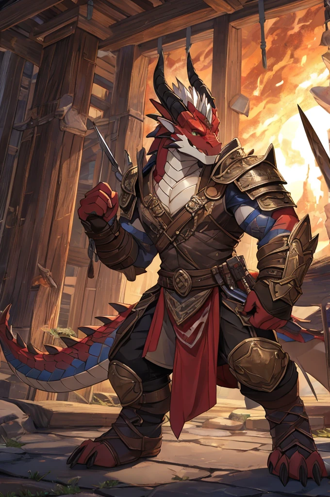 dragon,Wood color,horn,scales,background red,brandishing a weapon,Detailed character details