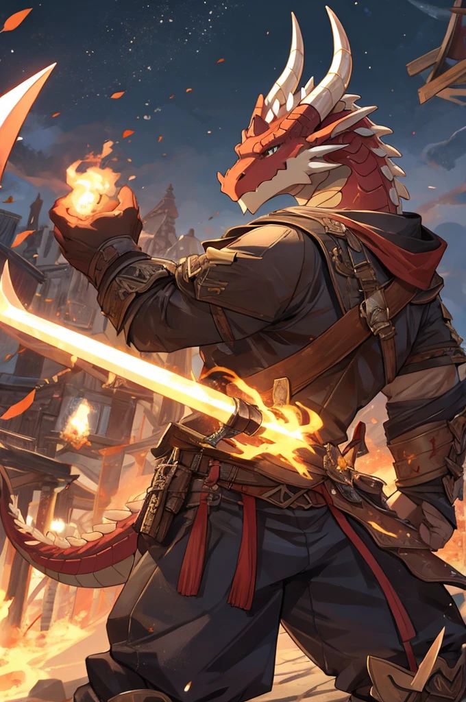 dragon,Wood color,horn,scales,background red,brandishing a weapon,Detailed character details