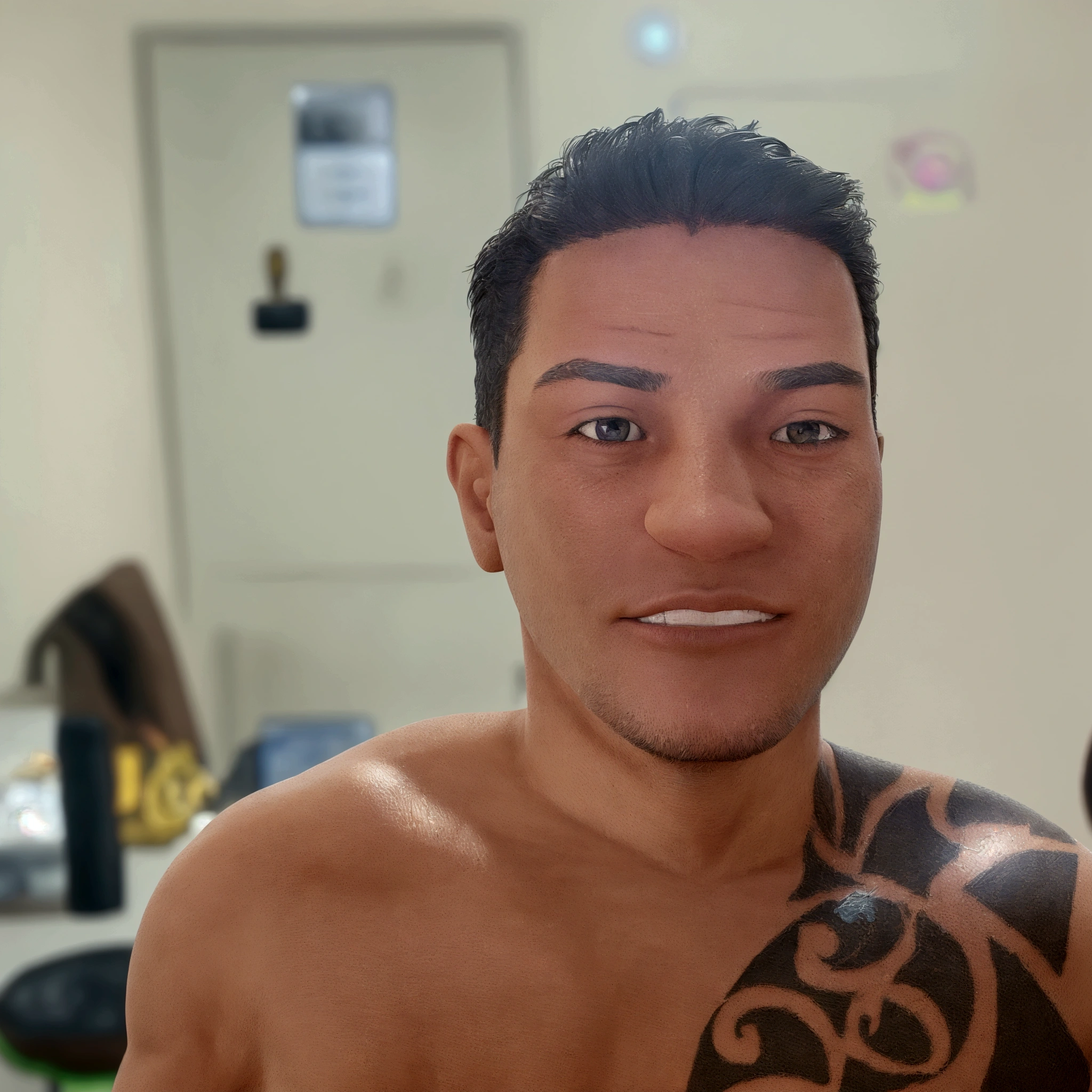 there is a man with a tattoo on his chest and arm, using shipibo tattoos, frontal image, 8k selfie photograph, thin man with light tanned skin, he is about 30 years old