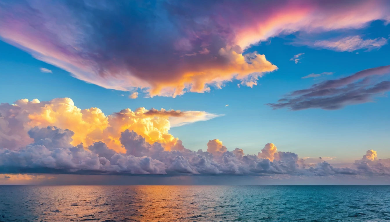 view of the sky in the afternoon, colorful clouds, above the surface of the open sea