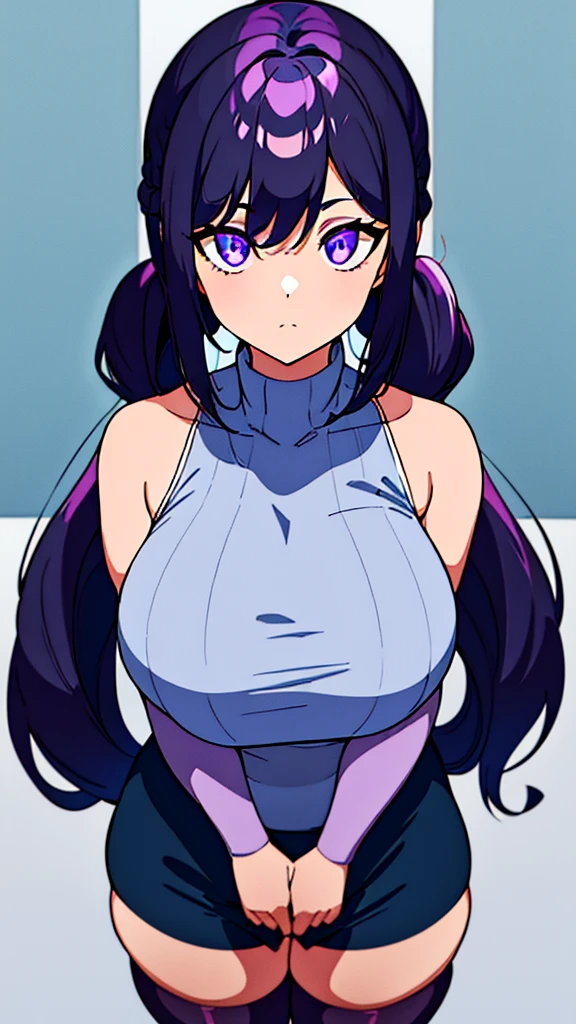 1girl, plus size, dark purple hair (long) (pigtails) (dark blue tips), lightly tan skin color, light blue eyes (glowing), wearing sleeveless turtleneck (blue), shorts (black), stockings (long) (purple), cape (purple), absurdres, high res, ultra sharp, 8k, masterpiece, looking at viewer, body turning invisible
