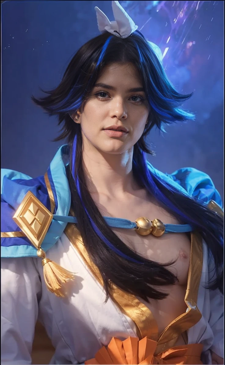 1 man, Faramis hero in Mobile Legends, wearing a white kimono and blue robe, short hair, black hair and a little blue, realistic, ultra detailed, 70mm lens.