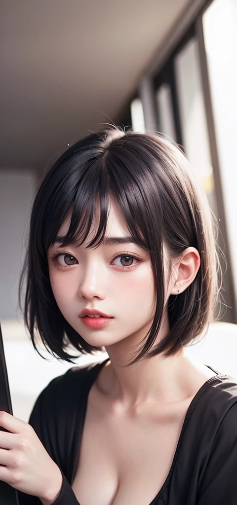 (1 nogizaka girl,15years old face,raw photo,photo realistic:1.5),(best quality, high quality,HDR, highest quality,ultra high resolution,high resolution,high res,ultra high difinition,huge file size,8K,2K wallpaper,8K wallpaper,high quality texture,amazing,an extremely delicate:1.4),one girl, Japanese famous idol,cute face,small face,absurd,ridiculous,incredibly ridiculous,blurry background,(goddess costume,short hair,cleavage,erect nipples,no makeup:1.2),medium skin,beautiful skin,detailed skin,black hair,silky hair,black eyes,Japanese nose,5-fingers,(Light Particles, Lens Flare, Luminous Particles: 0.7),looking at viewer,bright lighting,professional lighting,girl