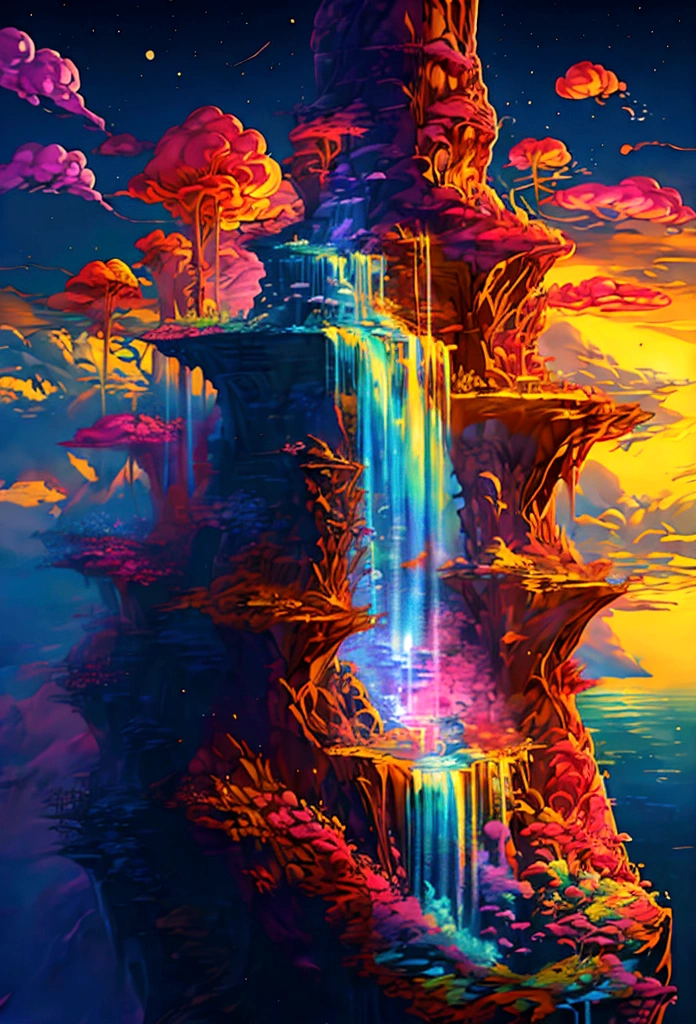 artwork、Highest quality、Better Quality、Flying Island々、Waterfall cascading down from the island、Fantasy World、Magnificent panorama、Colorful Clouds、Flashy colors、Galaxy in the sky