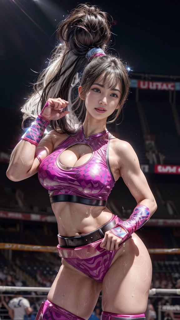 nsfw、Female professional wrestler、Fighting Pose、((Championship Belt))、expensive、smile、((In the Ring))、((Spotlight))、(((Big stadium)))、((Super big breasts))、((Super tight costume))、Wristband、(((A flashy costume with a bizarre pattern)))、((Elbow guard))、(Shin guard)、I can see your muscles、Hairstyle with bangs、((Sweat))、((Match venue))、Very beautiful woman、((Female Athletes))、(Detailed face)、Realistic Skin、((Delicate photo))，(Girl masterpiece RAW photo details:1.25), (Highest quality:1.6), (Ultra-high resolution:1.5), (Realistic:1.75), 8K resolution,50mm, Absurd, Super detailed,Cinema Lighting、