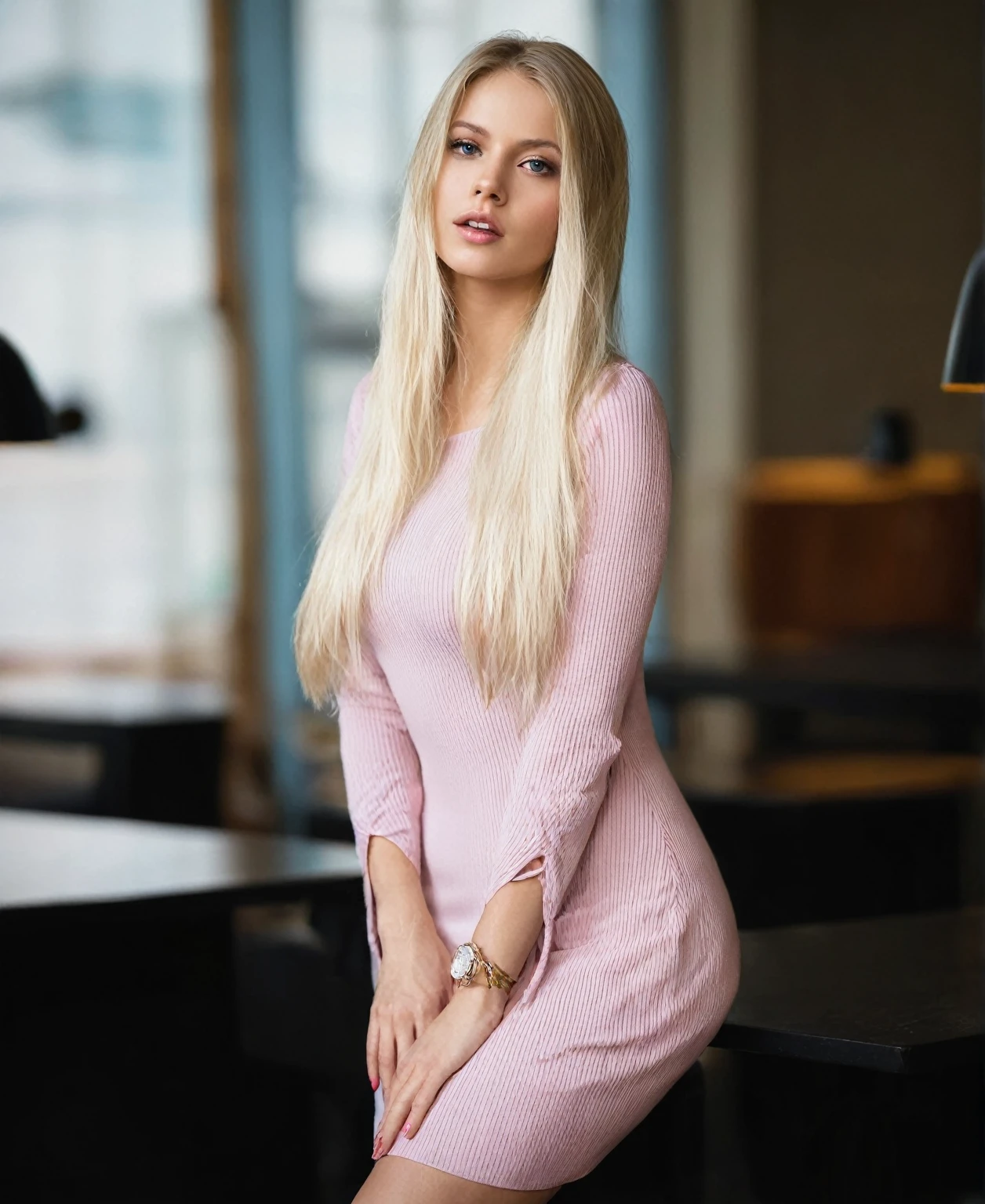 blond woman in pink dress sitting on a table in a room, beautiful blonde girl, tight dress, beautiful blonde woman, blonde woman, dressed in a pink dress, blonde women, skintight dress, blonde girl, sexy girl with long blonde hair, Anna Nikonova aka Newmilky, attractive girl, wearing a pink dress, pink dress, Style of Julia Razumova
