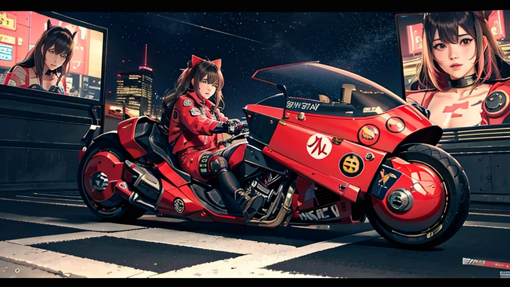 official art, unity 8k wallpaper, ultra detailed, beautiful and aesthetic, masterpiece, best quality, realistic, blush, long hair, brunette hair, streaked hair, perfect eyes, hair bow, mole under eye, red akirabike, riding bike, night, cyberpunk city view, epic screen, ,
