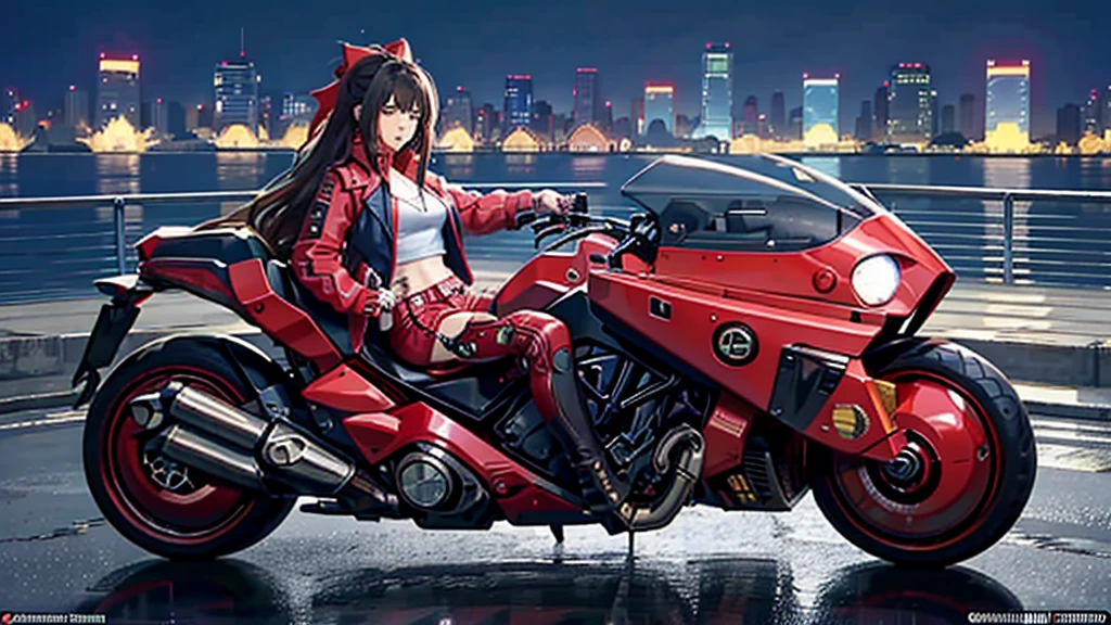 official art, unity 8k wallpaper, ultra detailed, beautiful and aesthetic, masterpiece, best quality, realistic, blush, long hair, brunette hair, streaked hair, perfect eyes, hair bow, mole under eye, red akirabike, riding bike, night, cyberpunk city view, epic screen, ,